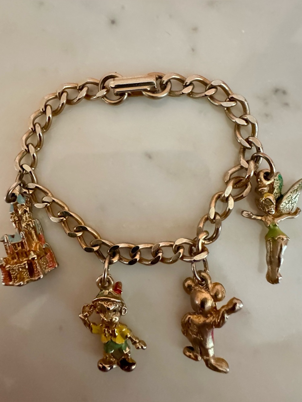 Vintage Disney Gold-Tone Charm Bracelet, Castle, Mickey, Tinkerbell, Pinocchio
